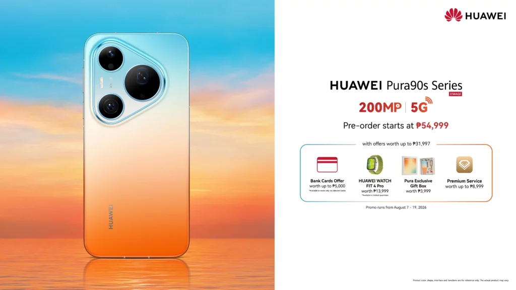 Promo graphic featuring the back of a gradient orange-and-blue HUAWEI Pura 90s Series smartphone standing over water at sunset, alongside pre-order promotional offers including credit card discounts, a smartwatch, a gift box, and premium service perks.