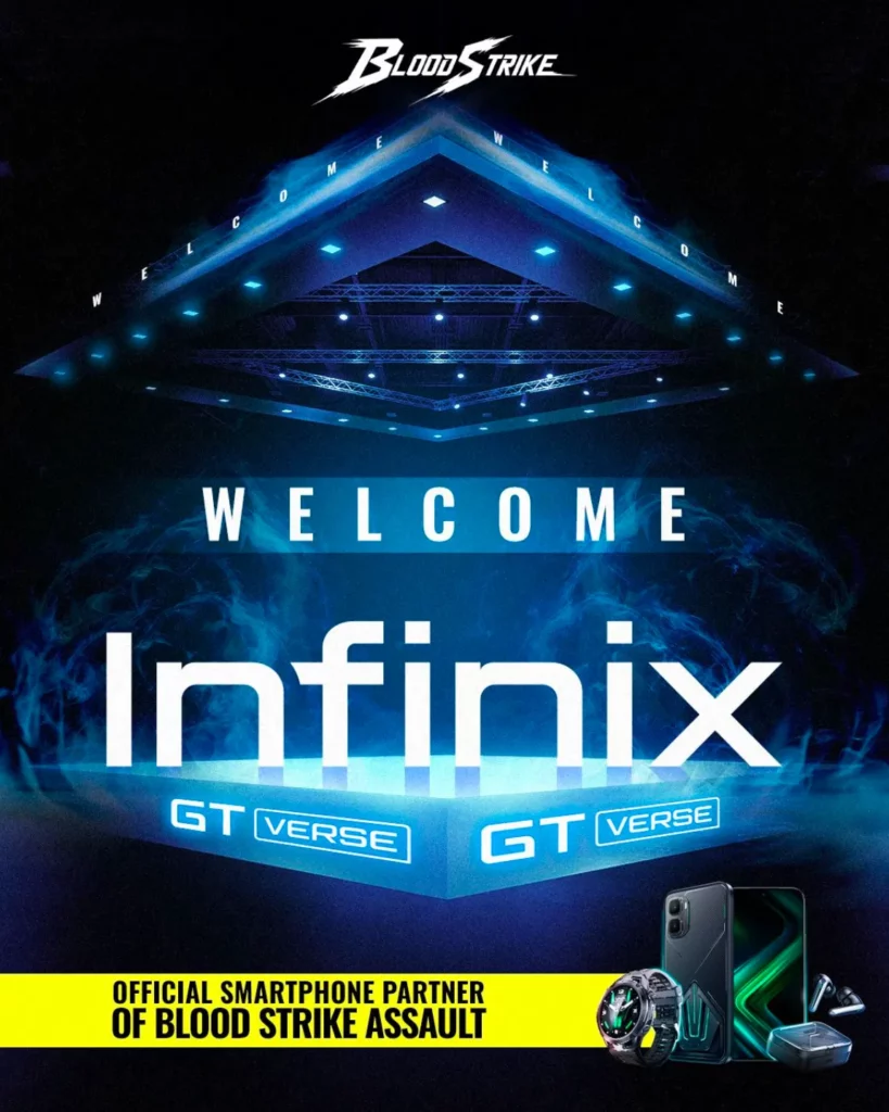 Promotional poster with a dark, blue-lit arena backdrop announcing Infinix as the Official Smartphone Partner of Blood Strike Assault. The text "WELCOME Infinix GT VERSE" is displayed prominently in bright white and blue in the center. At the bottom right, the Infinix GT Verse ecosystem products—including the GT smartphone, GT Watch 5 Pro, and GT Buds—are displayed next to a yellow banner reading "OFFICIAL SMARTPHONE PARTNER OF BLOOD STRIKE ASSAULT".