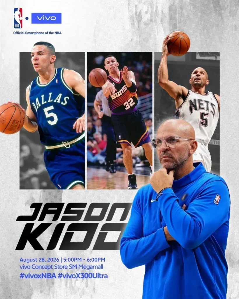 Promotional poster featuring NBA legend Jason Kidd in a blue jacket in the foreground, with background photos showing him playing for the Dallas Mavericks, Phoenix Suns, and New Jersey Nets. Includes event details for a vivo meet-and-greet on August 28, 2026.