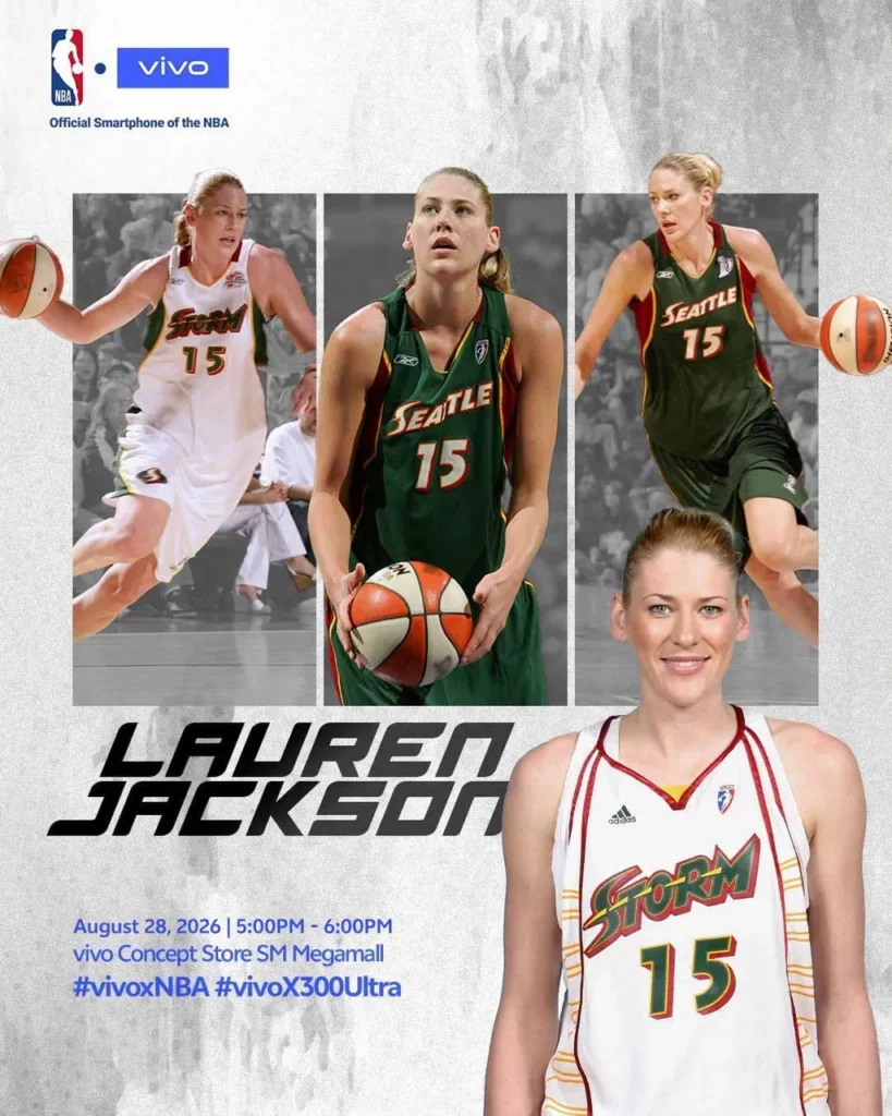 Promotional poster featuring WNBA legend Lauren Jackson wearing a white Seattle Storm jersey in the foreground, with background photos showing her playing in various Seattle Storm uniforms. Details event info for a vivo meet-and-greet on August 28, 2026.