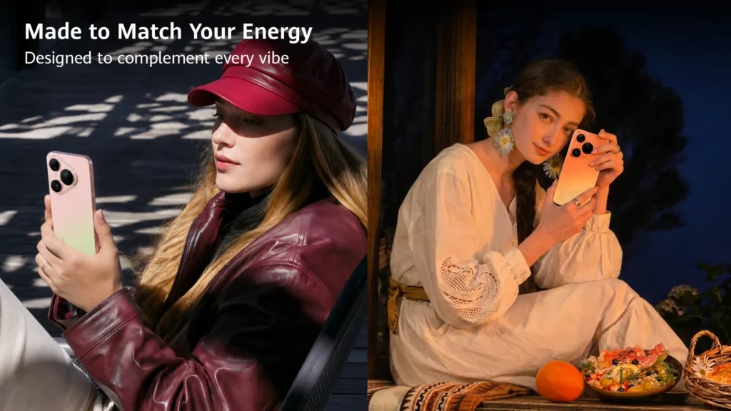 A split-screen lifestyle image showing a woman in a leather jacket holding a light pink smartphone on the left, and a woman in a white dress holding a gradient orange smartphone seated next to a basket of fruit on the right. Text overlay reads: "Made to Match Your Energy. Designed to complement every vibe."