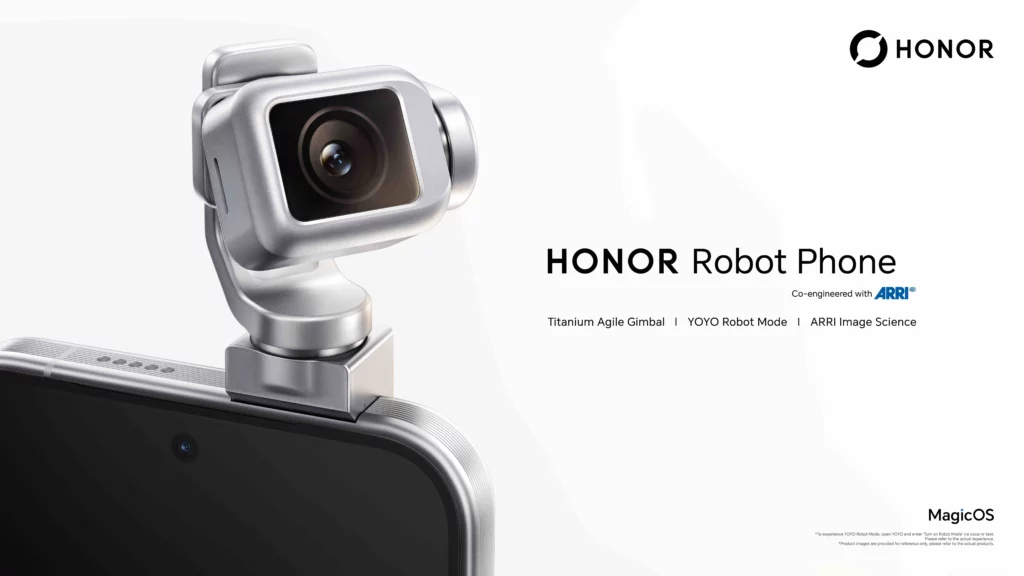 Promotional landscape key visual for the HONOR Robot Phone, showing a close-up of a silver 3-axis mechanical camera gimbal mounted on top of a smartphone, accompanied by text stating "Co-engineered with ARRI," "Titanium Agile Gimbal," "YOYO Robot Mode," and "ARRI Image Science."