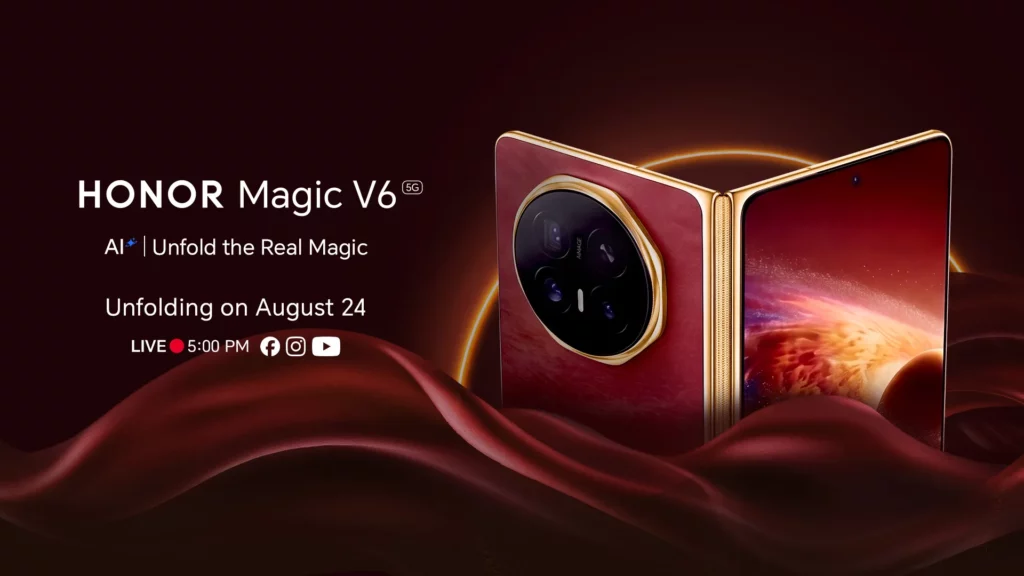 Key visual banner showcasing the partially opened HONOR Magic V6 5G smartphone resting over flowing red fabric against a dark, glowing background. The device features a textured red back panel, a circular multi-lens camera module with a gold rim, gold-hinged edges, and a vibrant cosmic wallpaper displayed on its front screen. White promotional text on the left states "HONOR Magic V6 5G," "AI | Unfold the Real Magic," and "Unfolding on August 24, LIVE 5:00 PM."