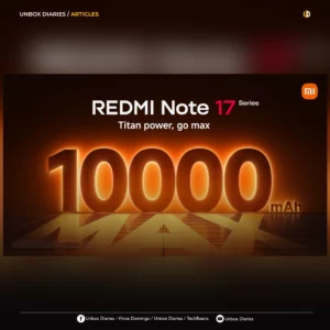 Featured article graphic from Unbox Diaries displaying the REDMI Note 17 Series promotional poster highlighting "10000 mAh MAX" battery capacity.