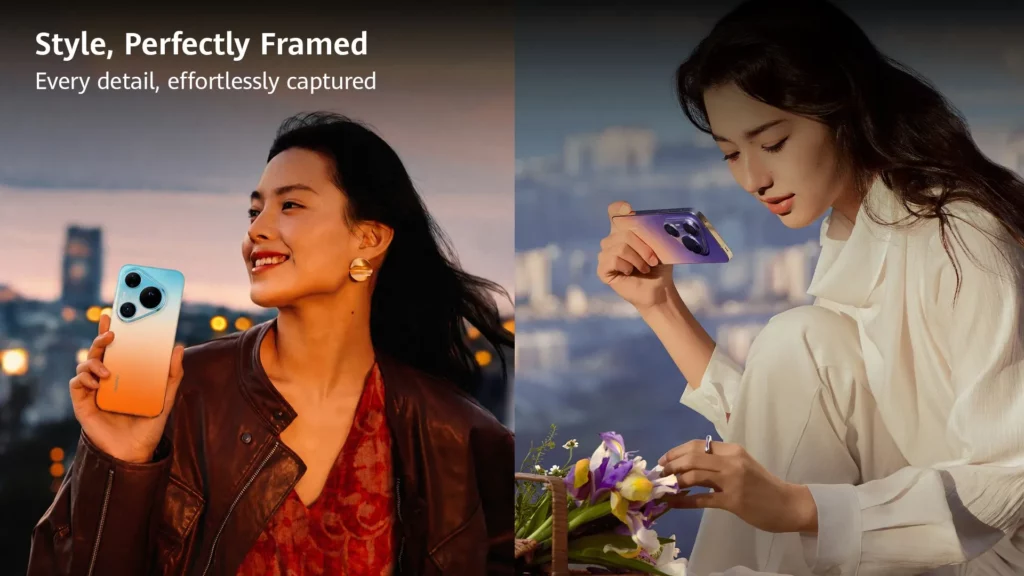 A split-screen lifestyle image featuring two women showcasing different color options of the HUAWEI Pura 90s smartphone, one outdoors at golden hour and the other indoors taking a picture near flowers. Text overlay reads: "Style, Perfectly Framed. Every detail, effortlessly captured."