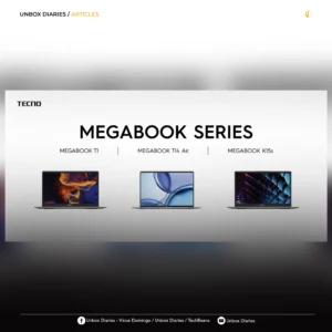 An Unbox Diaries article header showing a promotional graphic for the TECNO MEGABOOK Series lineup, featuring the MEGABOOK T1, MEGABOOK T14 Air, and MEGABOOK K15s laptops side by side against a shaded white background.