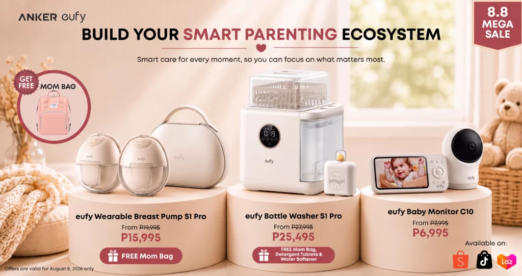 Promotional banner for Anker eufy "Build Your Smart Parenting Ecosystem" 8.8 Mega Sale. Shows three featured products on display stands: eufy Wearable Breast Pump S1 Pro reduced to P15,995 with a free pink Mom Bag offer; eufy Bottle Washer S1 Pro reduced to P25,495 with free accessories; and eufy Baby Monitor C10 reduced to P6,995. The background features a cozy, warmly lit nursery setup with a teddy bear.