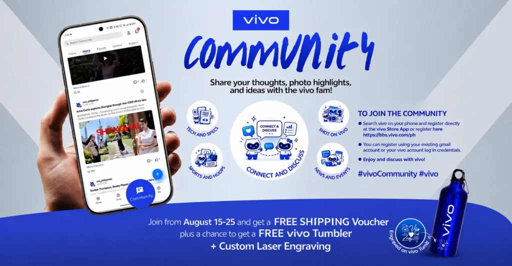 Promotional poster for the launch of vivo Community. A hand holds a smartphone displaying the official app interface, surrounded by illustrated icons for community topics including Tech & Specs, Connect & Discuss, Sports & Hoops, Shot on vivo, and News & Events. Text outlines steps to join at bbs.vivo.com/ph or via the vivo Store app, alongside details for a free shipping voucher promotion and a blue custom laser-engraved vivo tumbler.