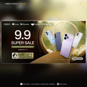 Unbox Diaries article graphic featuring the OPPO 9.9 Super Sale promotional banner set against a blurred background, detailing discounts on Shopee, Lazada, and TikTok Shop from September 1 to 11.