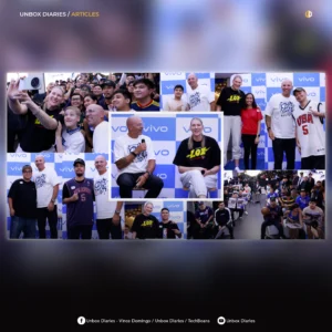 Collage featuring NBA legend Jason Kidd and WNBA star Lauren Jackson interacting with fans, sitting on stage during a Q&A session, taking group selfies, and posing for fan meet-and-greet photos at the vivo Concept Store.