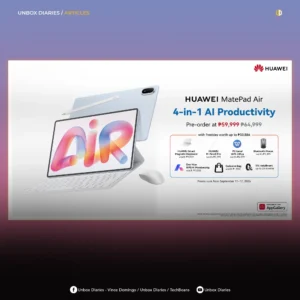 Promotional graphic for the HUAWEI MatePad Air highlighting pre-order pricing at ₱59,999, original price ₱64,999, and freebies worth up to ₱33,886 including a magnetic keyboard, M-Pencil Pro, WPS Office suite, mouse, AI membership, and exclusive bag.