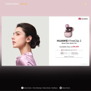 Unbox Diaries article graphic showcasing the HUAWEI FreeClip 2 promotional poster with pricing details, free accessories options, and warranty offer.
