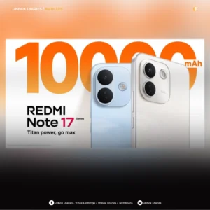 Promotional poster for the REDMI Note 17 Series featuring two smartphones next to large orange text reading "10000 mAh" and the slogan "Titan power, go max."