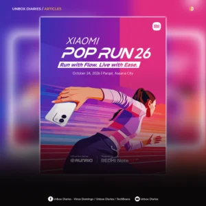 Unbox Diaries article feature graphic presenting the official Xiaomi POP RUN 26 poster. The framed image shows the event theme "Run with Flow. Live with Ease," date of October 24, 2026, and location at Parqal, Aseana City. It depicts a runner holding a smartphone with partner logos at the bottom, set against a blurred purple background.