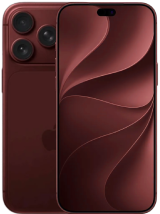 Front and full-screen view of a deep crimson maroon Apple 18 Pro Max smartphone showcasing an abstract wavy wallpaper, thin bezels, a Dynamic Island cutout, and a triple-lens camera module visible on the top-left rear.