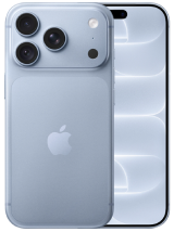Front and back view of a light blue-gray Apple 18 Pro smartphone showing a triple-lens camera bump, an Apple logo on the back panel, and a display screen with a Dynamic Island cutout at the top.