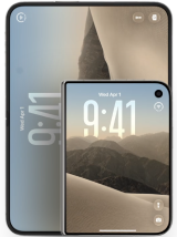 Description for Apple iPhone Duo—a concept foldable smartphone featuring a larger primary display positioned behind a compact outer screen, both showing a desert landscape wallpaper with the time set to 9:41.