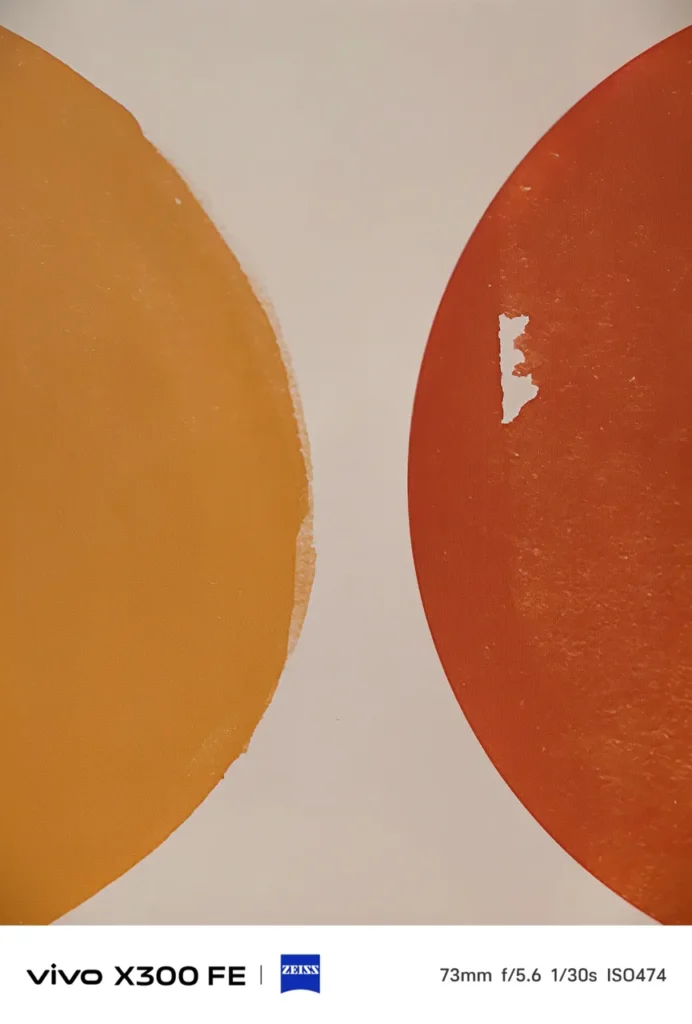Close-up of an abstract painting featuring yellow and terracotta curved shapes on a beige canvas, captured on the vivo X300 FE with ZEISS camera watermarks.