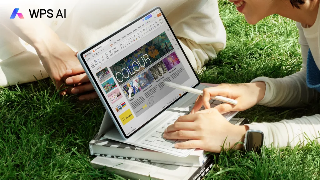 A user outdoors on grass using a white stylus to edit a colourful presentation slide on a light blue HUAWEI MatePad Air attached to a white keyboard.