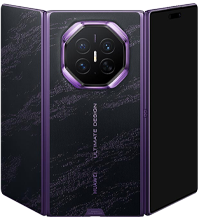 A tri-fold HUAWEI Mate XT 2 Ultimate smartphone with a dark purple textured back panel, featuring a large octagonal rear camera module housing four lenses and a flash, alongside an expanded outer screen on the right edge.
