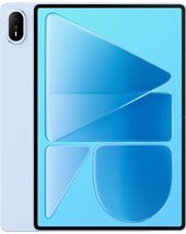 Front and partial back view of a light blue HUAWEI MatePad Air (2026) tablet. The display features a blue abstract wallpaper with geometric shapes, surrounded by thin black bezels. Visible on the left edge is the rear camera module with a single lens and flash.