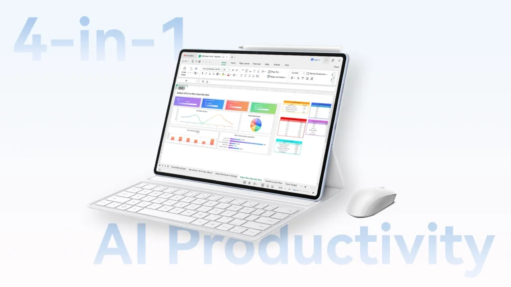 HUAWEI MatePad Air tablet attached to a white Smart Magnetic Keyboard with an M-Pencil Pro docked on top and a wireless mouse alongside, displaying a colorful data spreadsheet with "4-in-1 AI Productivity" overlay text.