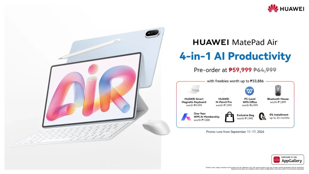 Product promo banner for the HUAWEI MatePad Air featuring the tablet, stylus, keyboard, and mouse setup on the left, alongside pre-order price details and included freebies on the right.