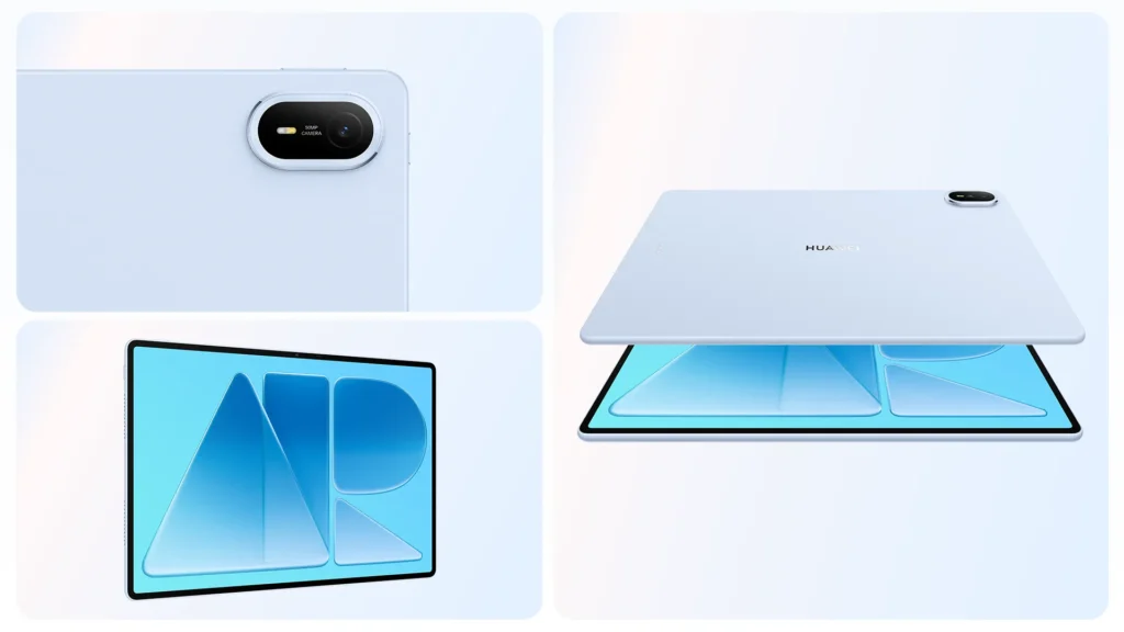 Three-panel product showcase of the HUAWEI MatePad Air in light blue, detailing the rear 50MP camera module, front display, and ultra-thin profile.
