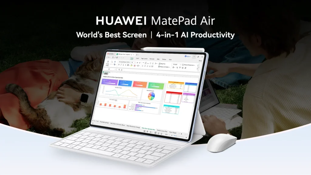 HUAWEI MatePad Air attached to a white magnetic keyboard case with a stylus attached on top and a white mouse placed alongside, displaying an analysis spreadsheet interface, set against a background of people outdoors.
