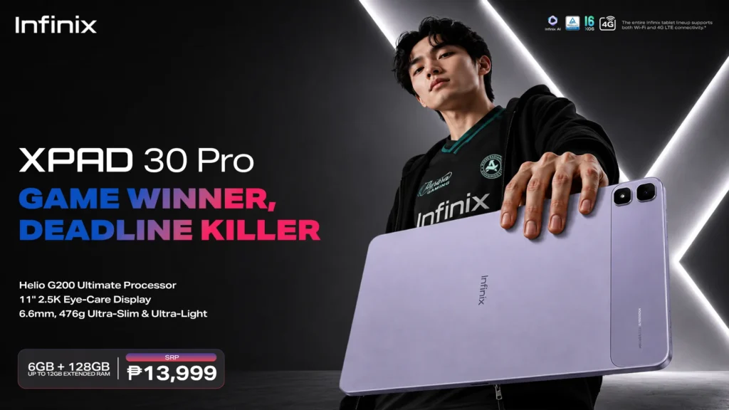 Promotional banner for the Infinix XPAD 30 Pro featuring a man holding the purple tablet, with text highlighting key specs including Helio G200 Ultimate Processor, 11-inch 2.5K Eye-Care Display, 6.6mm ultra-slim body, 6GB + 128GB storage, and an SRP of ₱13,999.