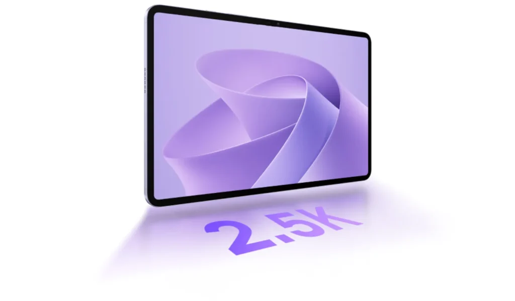 Front product shot of the Infinix XPAD 30 Pro tablet standing at an angle against a white background, displaying a purple abstract fluid graphic on its screen above purple text reading "2.5K".