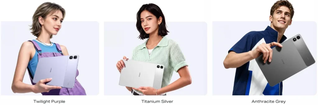 Three models holding the Infinix XPAD 30 Pro tablet showcasing its color options: Twilight Purple held by a woman in purple overalls, Titanium Silver held by a woman in a light green polo, and Anthracite Grey held by a man in a blue jacket.
