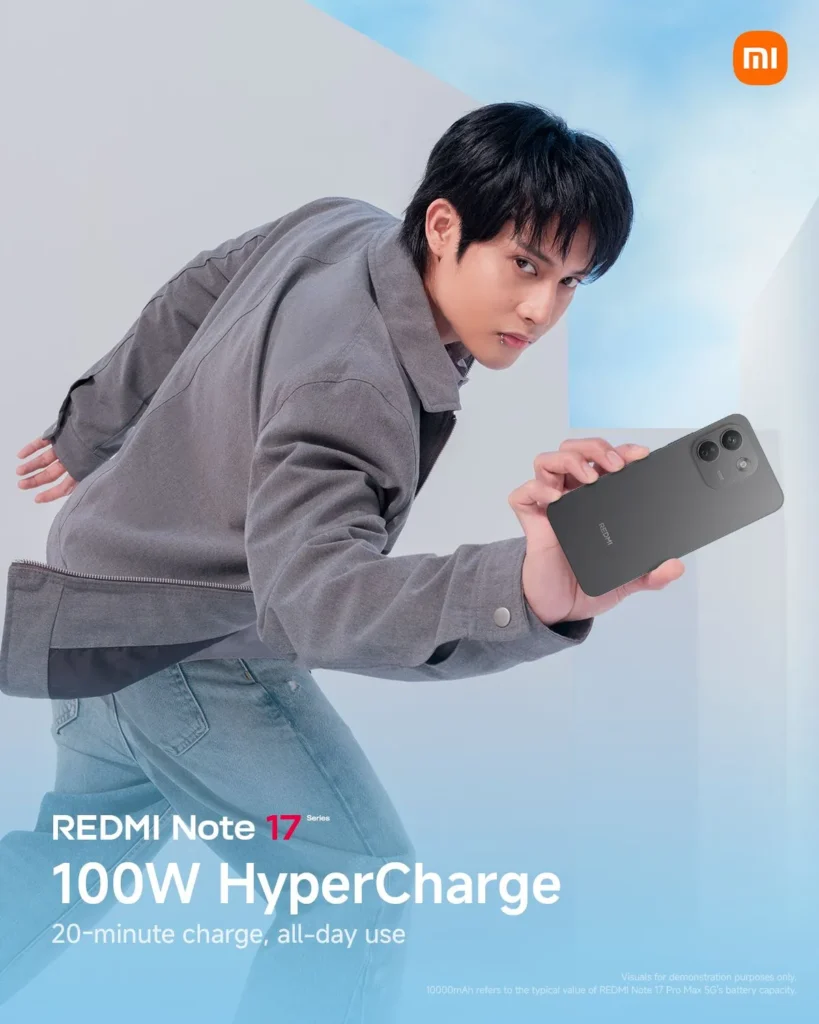 Ken from SB19 poses in a mid-action sprint stance, wearing a grey jacket and jeans while holding a sleek dark grey REDMI Note 17 phone. Text overlay states "REDMI Note 17 Series: 100W HyperCharge - 20-minute charge, all-day use."