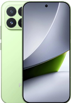 Front and back view of the pastel lime green POCO F9 Pro, equipped with a rounded quad-camera housing on the back and a sleek silver-and-green curved graphic on the display.