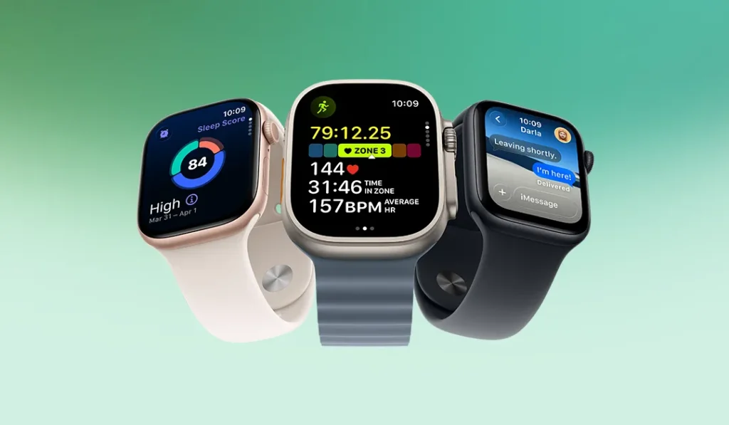Three Apple Smartwatches arranged side by side against a green gradient background displaying different screen features: sleep tracking score, workout metrics and heart rate, and an iMessage chat thread.