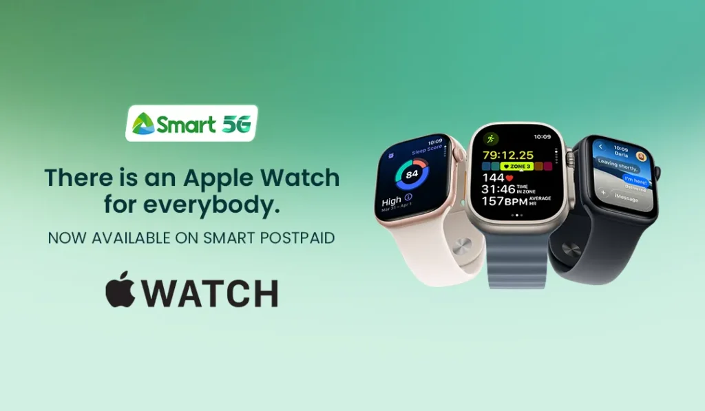 Smart Postpaid promotional graphic with a green gradient background featuring the Smart 5G logo, Apple Watch logo, and text reading "There is an Apple Watch for everybody. NOW AVAILABLE ON SMART POSTPAID" next to three Apple Watches displaying a sleep score, workout metrics, and an iMessage conversation.