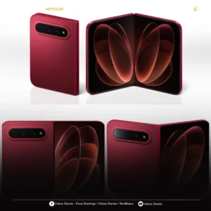 A collage of red Xiaomi foldable smartphones shown from various angles, including folded back views and partially unfolded screen views.