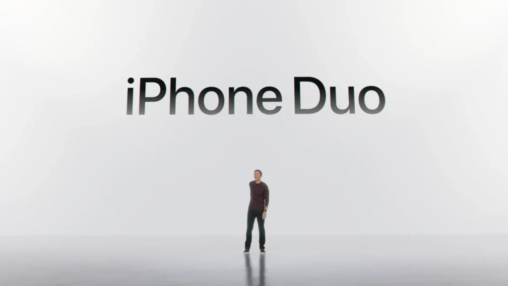 Presentation slide showing a person standing below the title "iPhone Duo" centered against a clean white background.