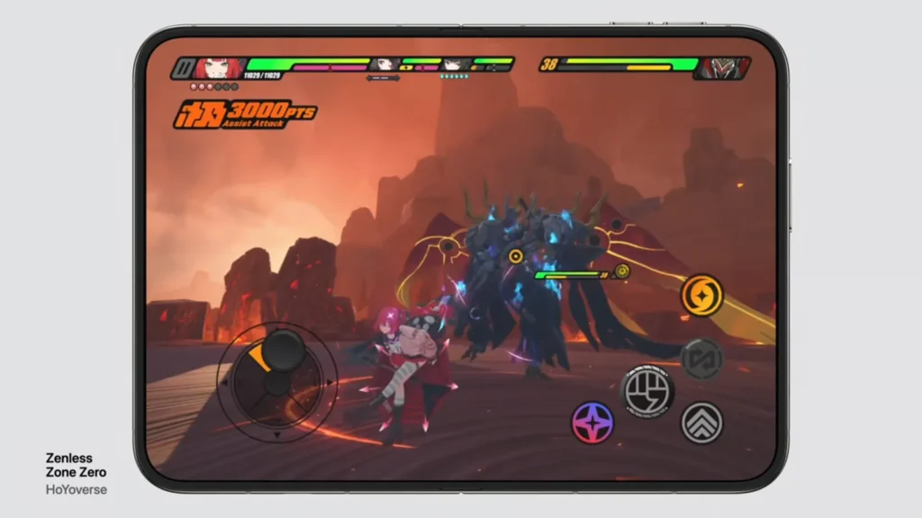 Unfolded display showing gameplay from Zenless Zone Zero with touch controls and action on screen.