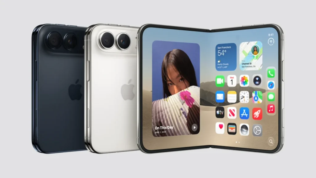 Three iPhone Duo foldable devices displayed side-by-side in dark grey, silver-white, and an unfolded stance showing the inner screen home layout.