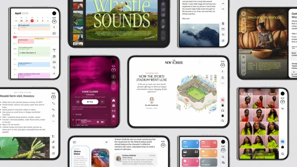A collage of foldable phone screens displaying various apps, including Calendar, Music, Notes, Photos, and articles.