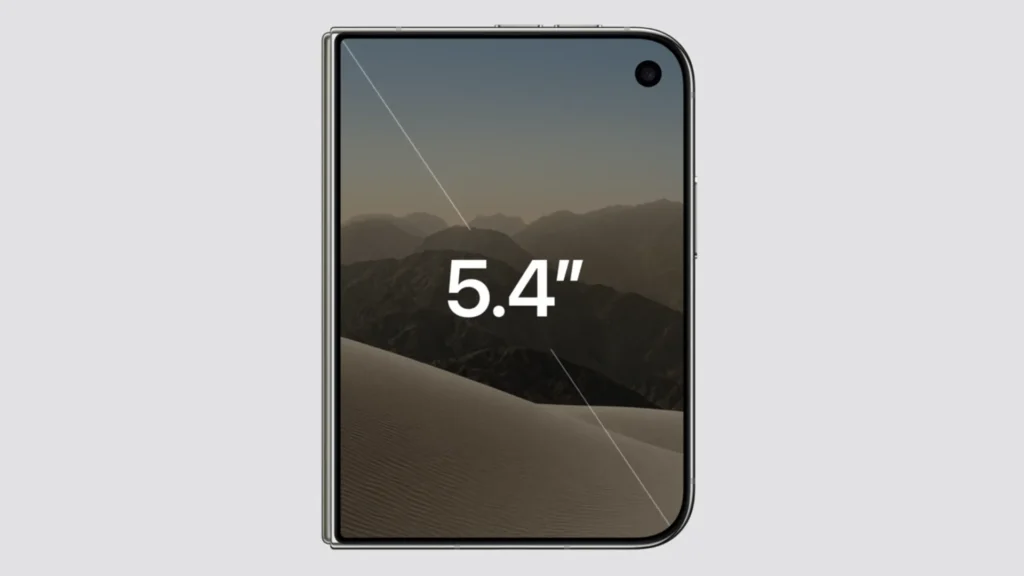 Front view of the folded cover display showing a 5.4-inch screen measurement overlay with a desert wallpaper.