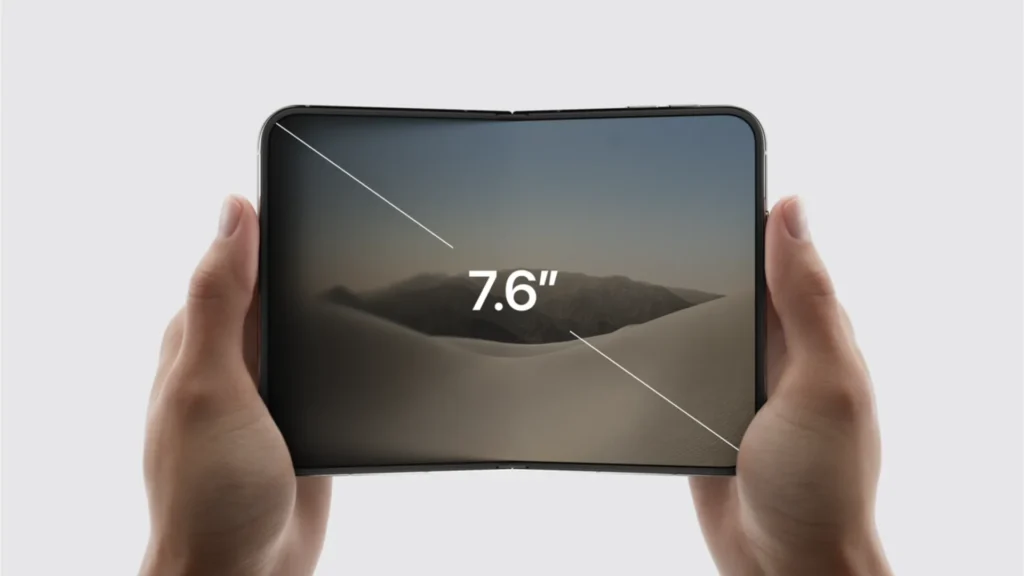 Hands holding the unfolded device, displaying a 7.6-inch screen diagonal measurement overlay across the wide inner display.