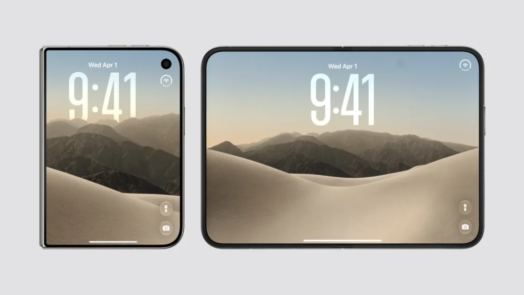 Side-by-side view comparing the folded cover display on the left with the fully opened main screen on the right, both showing matching lock screens.