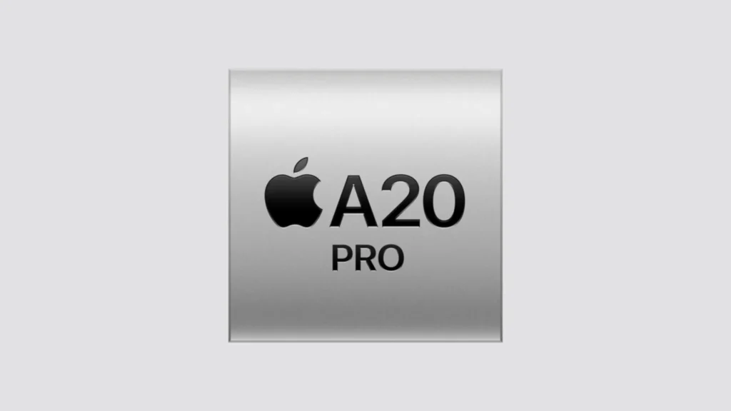 Close-up of a square metallic processor chip labeled with the Apple logo and text "A20 PRO".