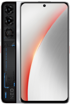 Front and back view of the nubia Neo 5 Max, featuring a cyber-mecha gaming strip along the left side of the rear panel, two camera lenses, and a display showcasing a glowing red-orange light curve.
