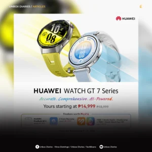 Promotional banner for the HUAWEI WATCH GT 7 Series by Unbox Diaries, displaying two smartwatches—one with a lime green strap and black bezel, and another with a light blue strap and silver bezel. Includes text stating "Accurate. Comprehensive. AI-Powered.", starting price at ₱14,999 (discounted from ₱18,999), freebies worth ₱4,416 (FreeBuds SE 2, 2-Year Warranty, and 1-Month Health+ Membership with Watch Face VIP), and promo dates from October 9 to 31, 2026.