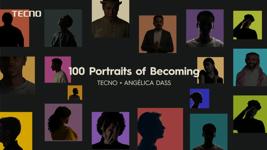 Campaign poster titled "100 Portraits of Becoming: TECNO × ANGÉLICA DASS" featuring a grid of diverse silhouette and full-color portraits against colorful background blocks.