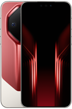 Front and back view of the HUAWEI Mate 90 RS Ultimate smartphone in a red and white finish, showcasing a dark display with red accent lighting and an angular, octagonal camera module on the back.