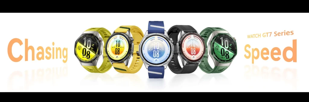 Five variants of the HUAWEI WATCH GT 7 Series smartwatches aligned side by side on a plain white background, featuring yellow, blue, black, and green straps with octagonal bezels, flanked by text reading "Chasing Speed".